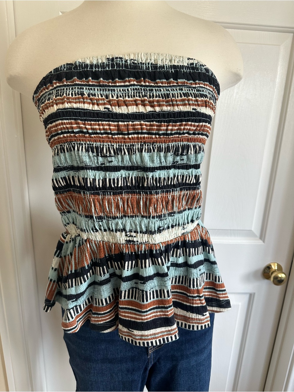 Anthropologie Smocked Strapless Peplum Top in Blue, Brown & Black